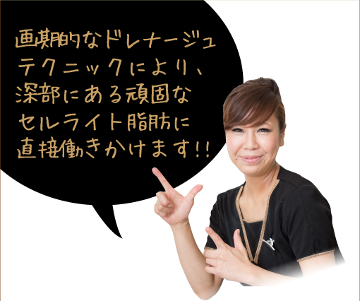 画期的なドレナージュテクニックにより、深部にある頑固なセルライト脂肪に直接働きかけます！