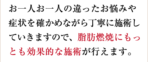 お一人お一人の違ったお悩みや症状を確かめながら丁寧に施術していきますので、脂肪燃焼にもっとも効果的な施術が行えます。